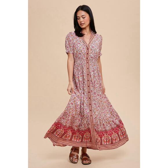 In Loom Dresses & Skirts - In Loom Floral Border Print Button Front Midi Dress Sz S Feminine Cottagecore